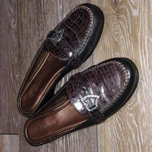 Brighton black and faux crocodile brown leather mules. Size 7.5. Mint condition